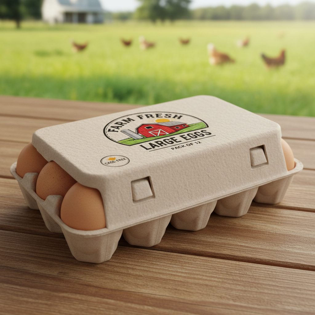 A carton of brown eggs sits on a wooden surface with a farm landscape in the background.